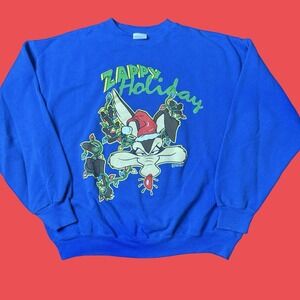 Vintage‎ 1994 Wile E. Coyote Zappy Holiday Sweatshirt Looney Tunes Blue L